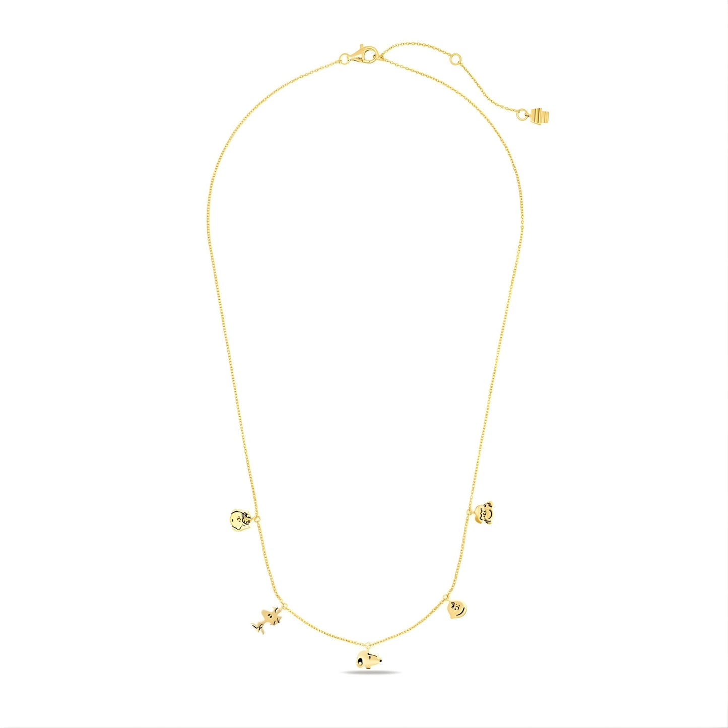 Close-up detail of the gold tone Snoopy and Peanuts character charms on a jewelry chain
