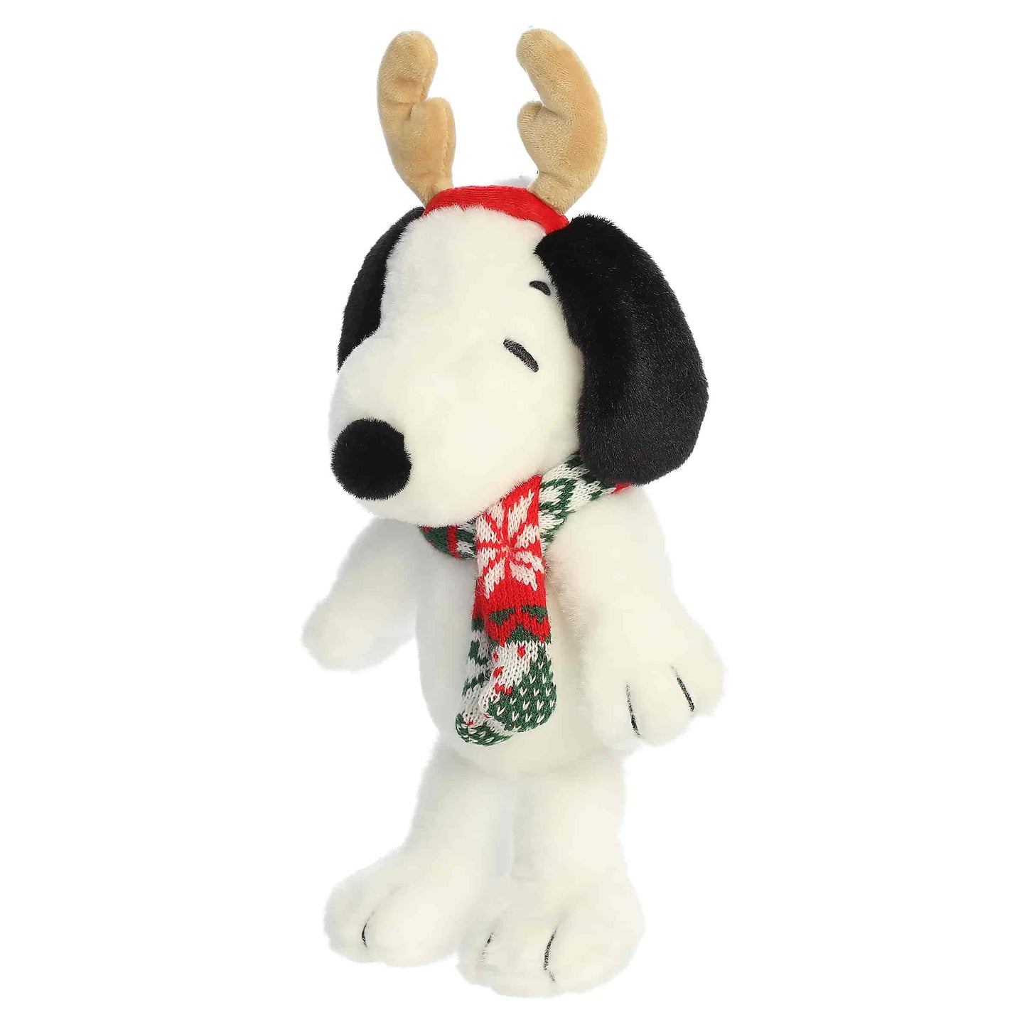 Snoopy reindeer plush posed sitting upright against a neutral background