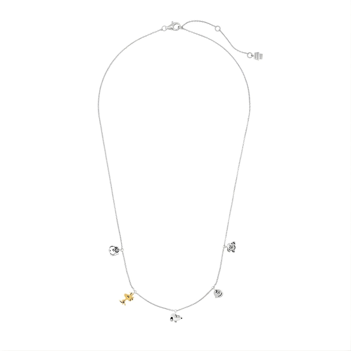 Full view of the Peanuts x Crislu charm necklace featuring Snoopy and friends