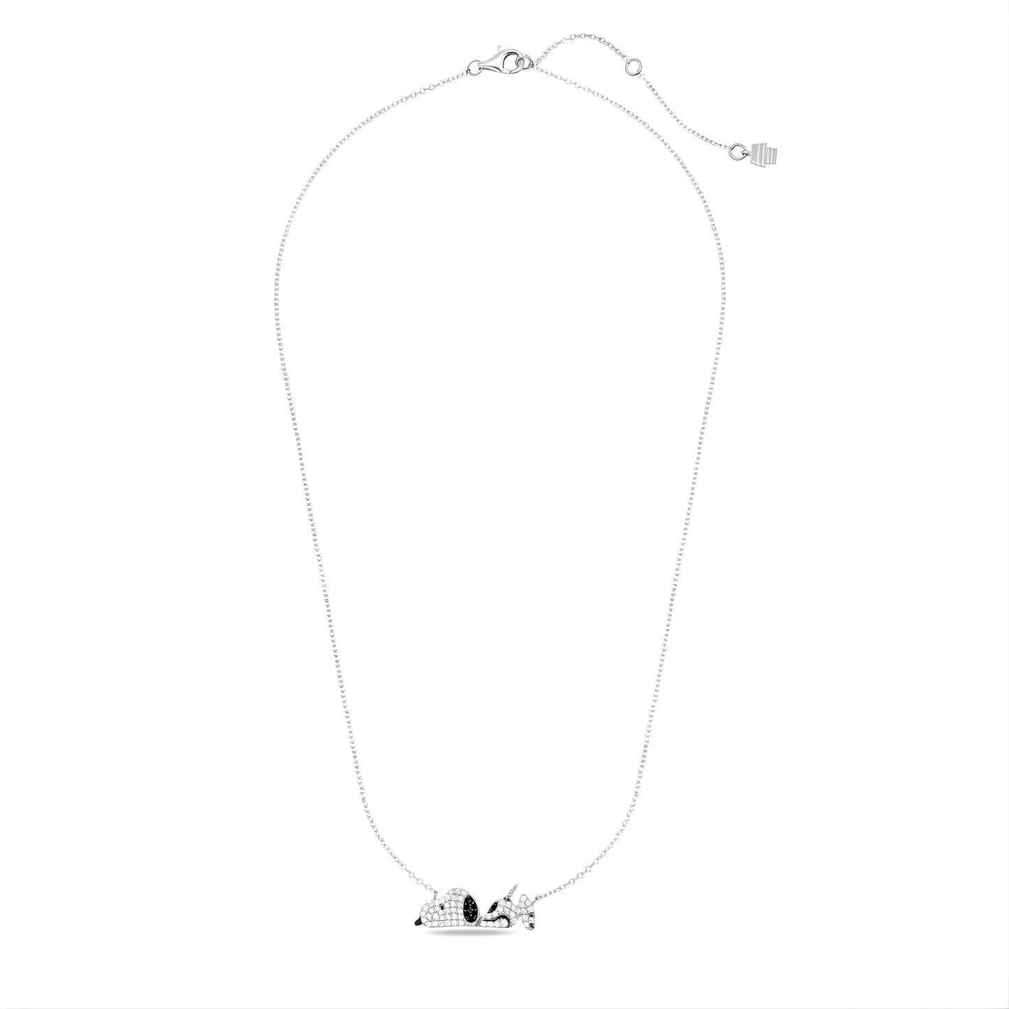 Detailed view of the Snoopy Bad Day pose pendant showing the high-shine platinum finish and chain.