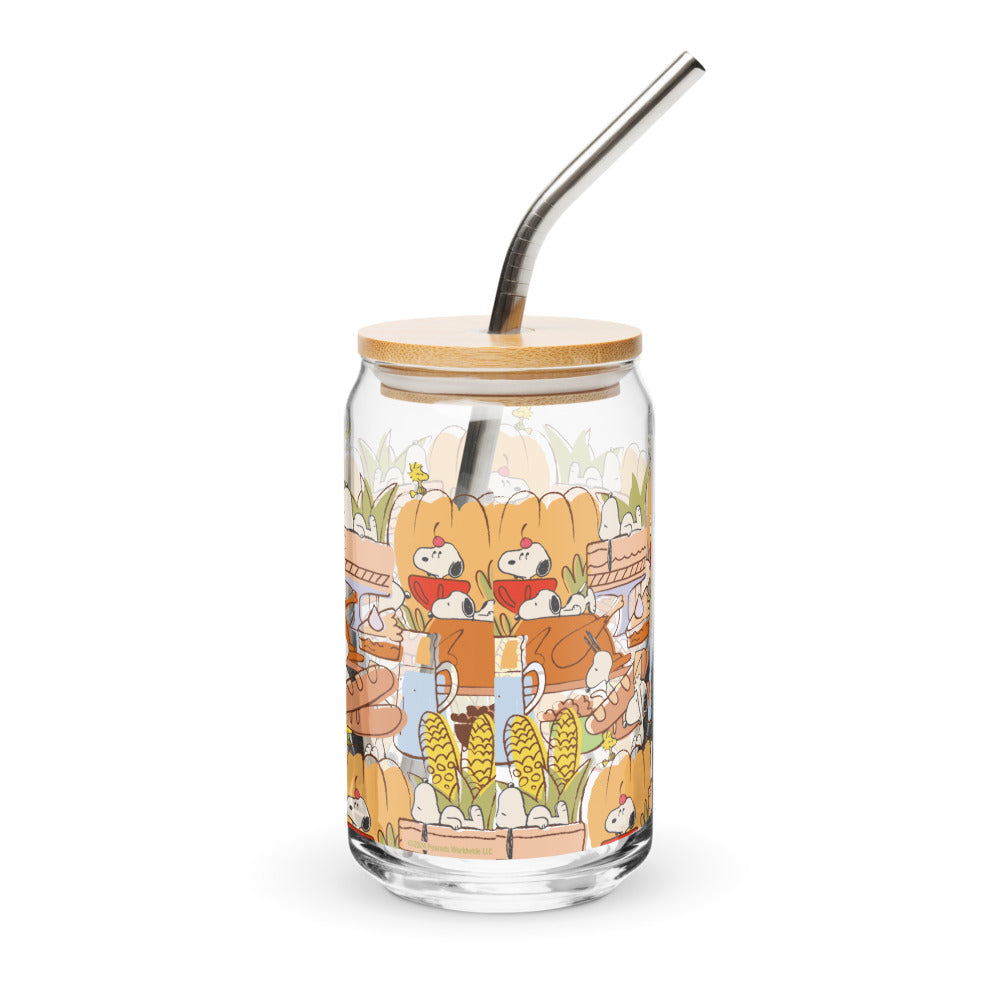 Peanuts Thanksgiving Can Glass With Lid And Straw