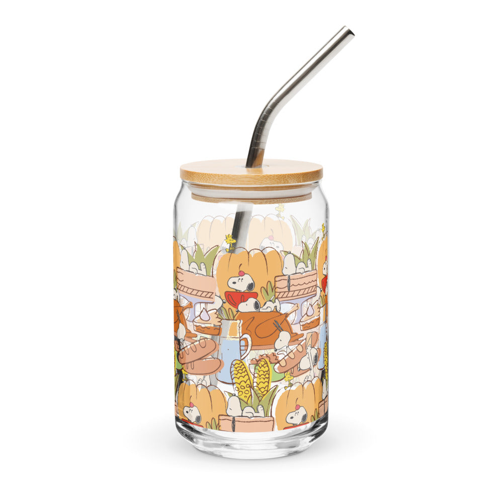 Peanuts Thanksgiving Can Glass With Lid And Straw