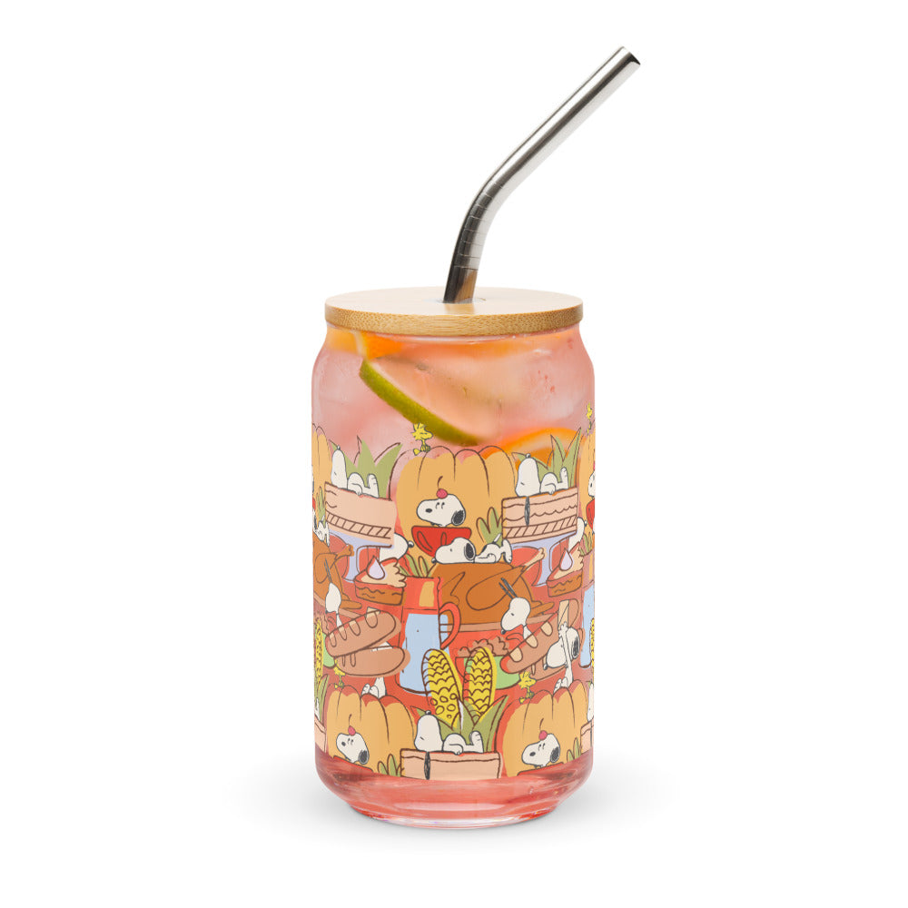 Peanuts Thanksgiving Can Glass With Lid And Straw