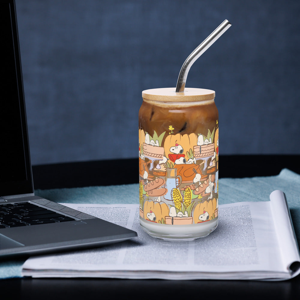 Peanuts Thanksgiving Can Glass With Lid And Straw