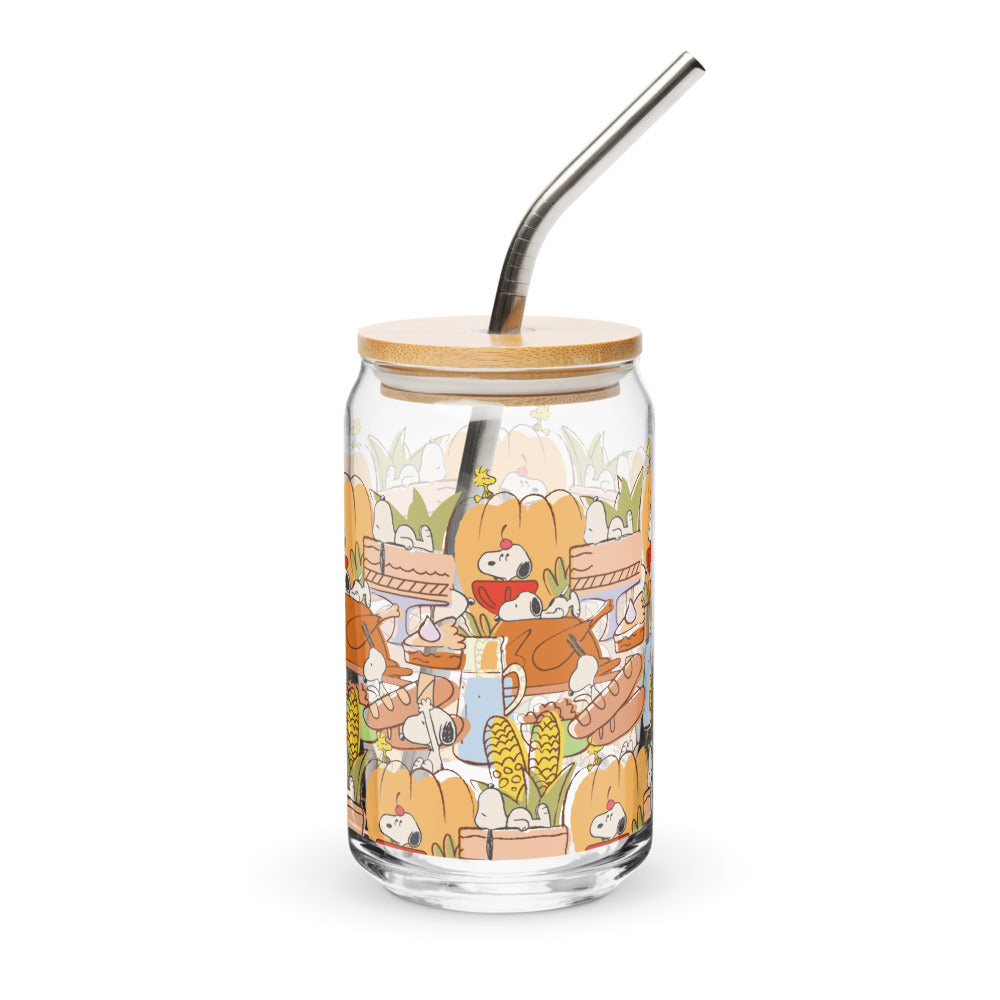 Peanuts Thanksgiving Can Glass With Lid And Straw