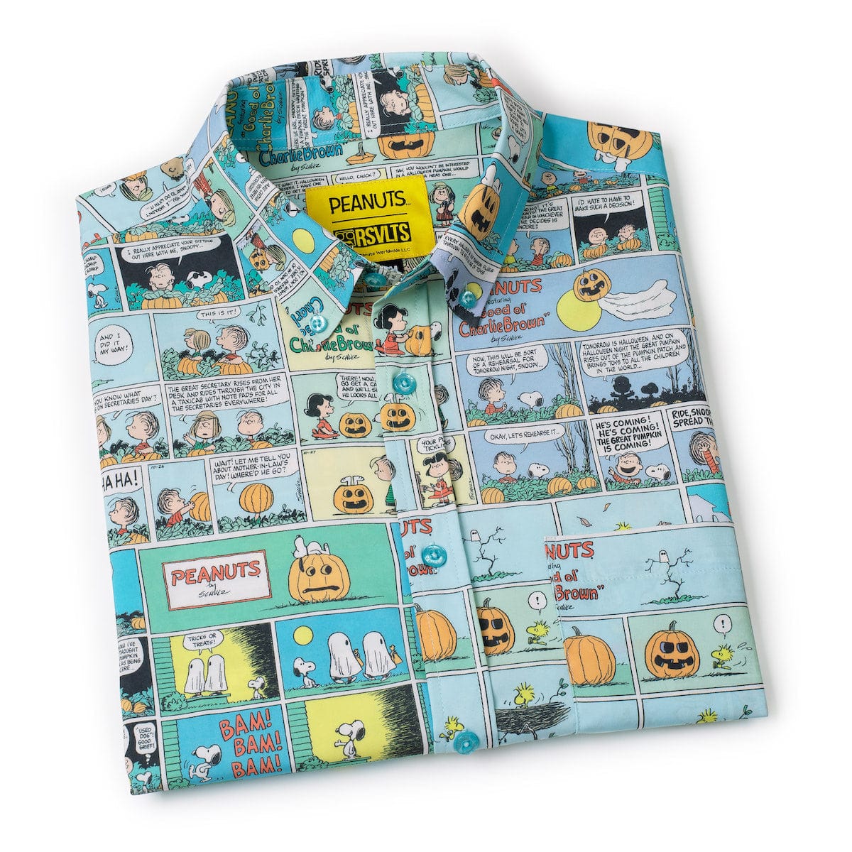 Lifestyle view of the Peanuts Spooky Strips button-down shirt