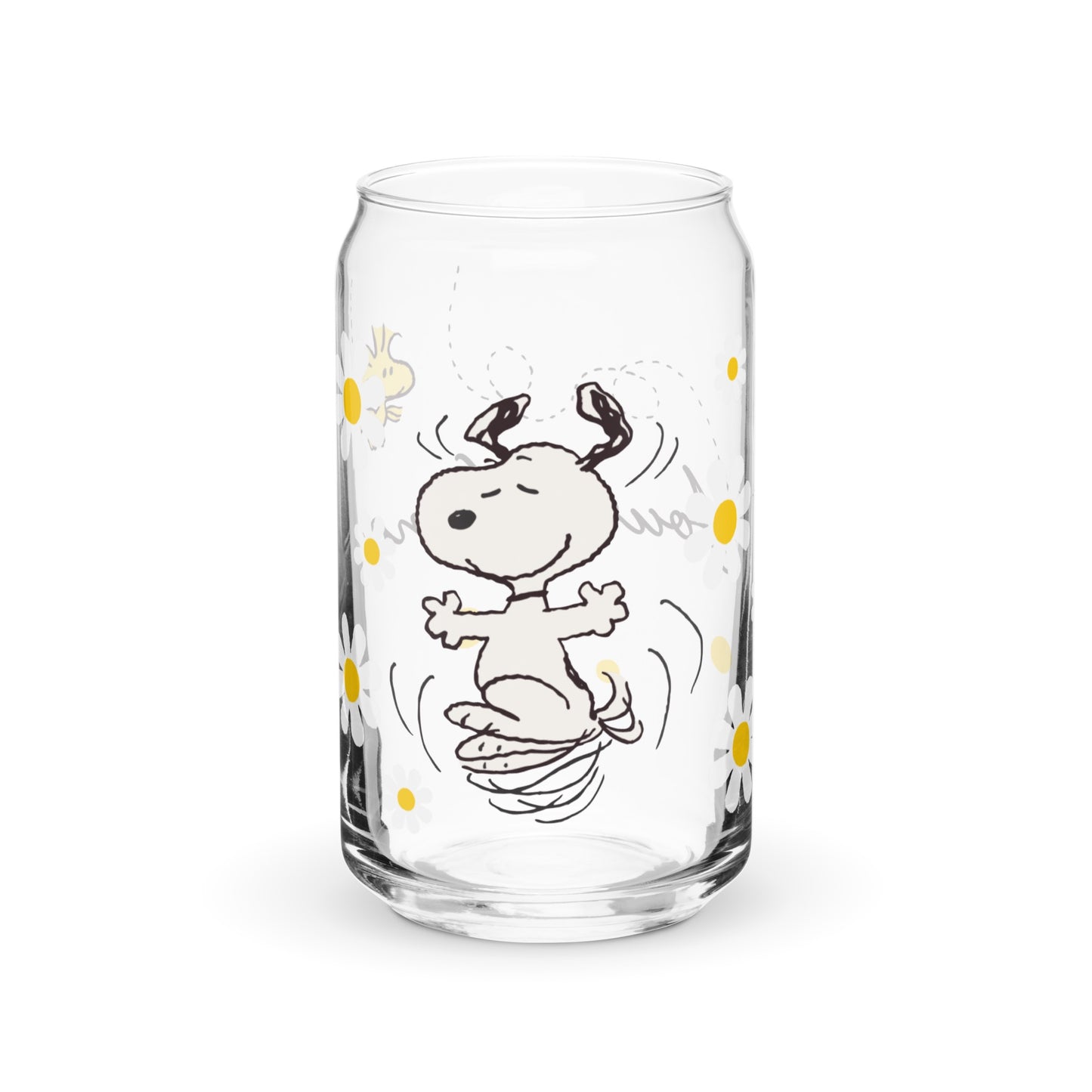 Snoopy and Woodstock with Flowers Personalized Can Shaped Glass