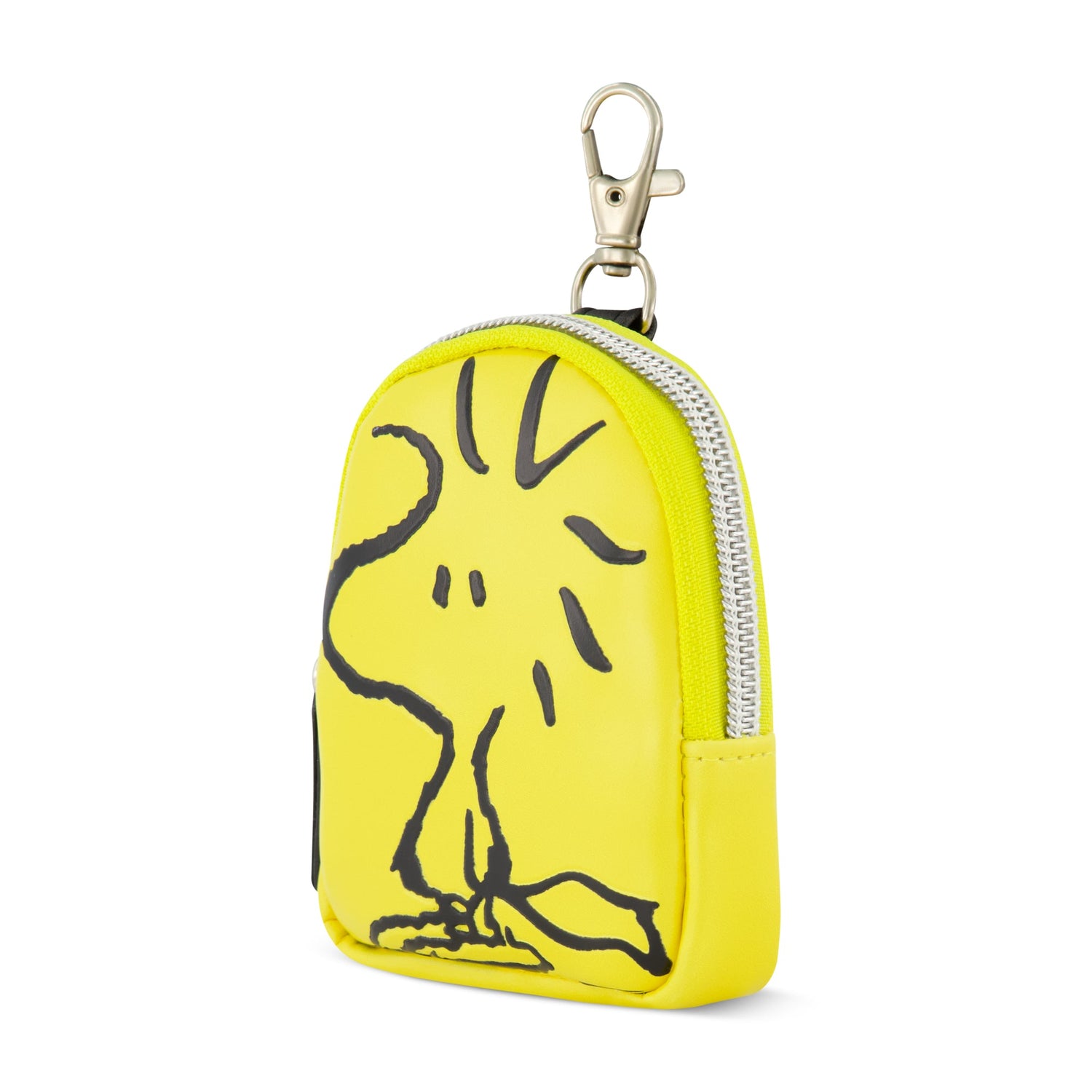 Detail view of the metal keychain clip attached to the side of the Woodstock pouch.