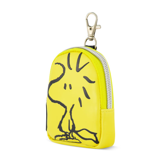 Woodstock coin purse with a yellow background and black zipper, showing the keychain clip.-3