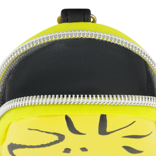 Woodstock coin purse with a yellow background and black zipper, showing the keychain clip.-4