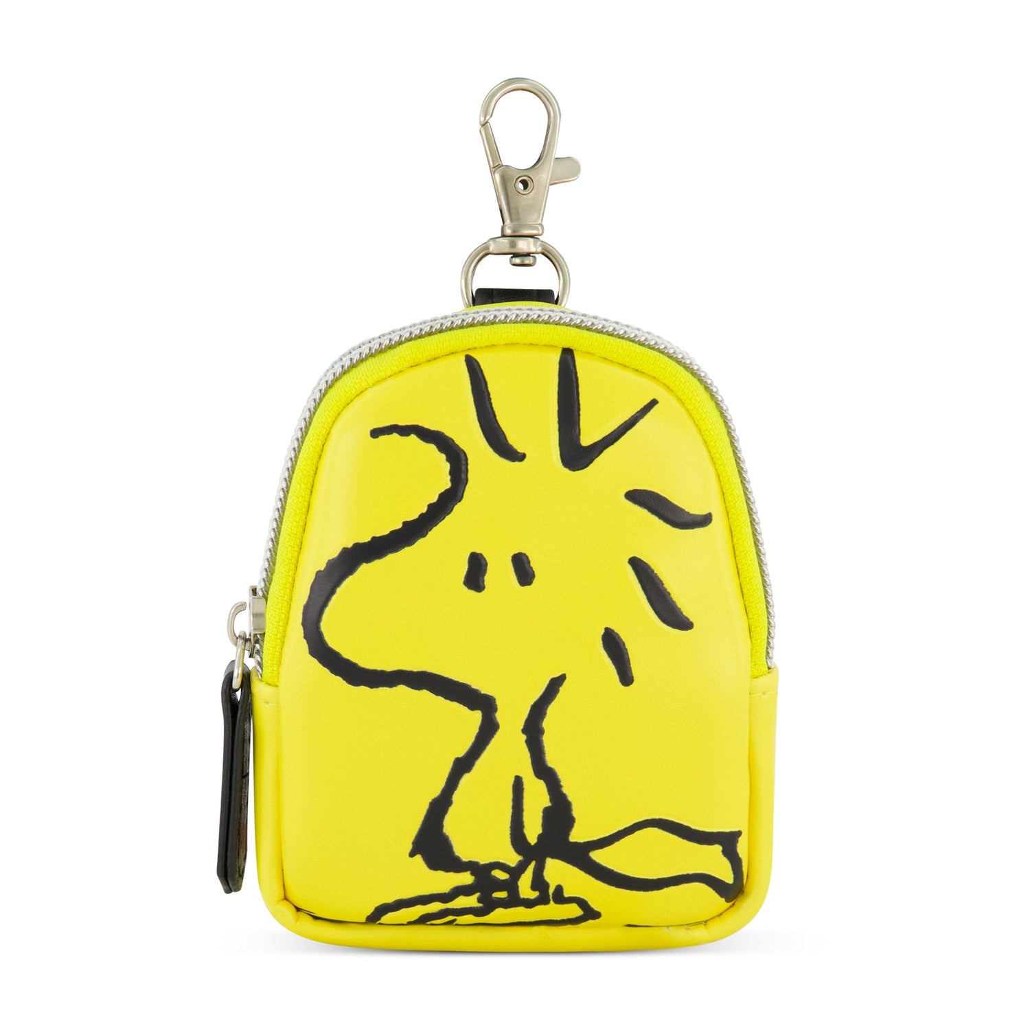 Woodstock coin purse with a yellow background and black zipper, showing the keychain clip.