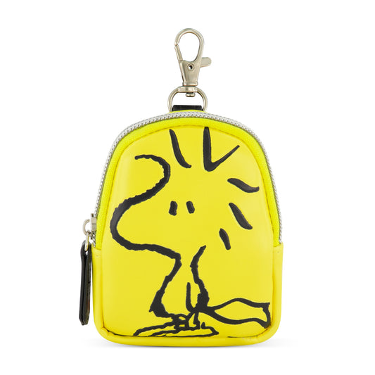 Woodstock coin purse with a yellow background and black zipper, showing the keychain clip.-0