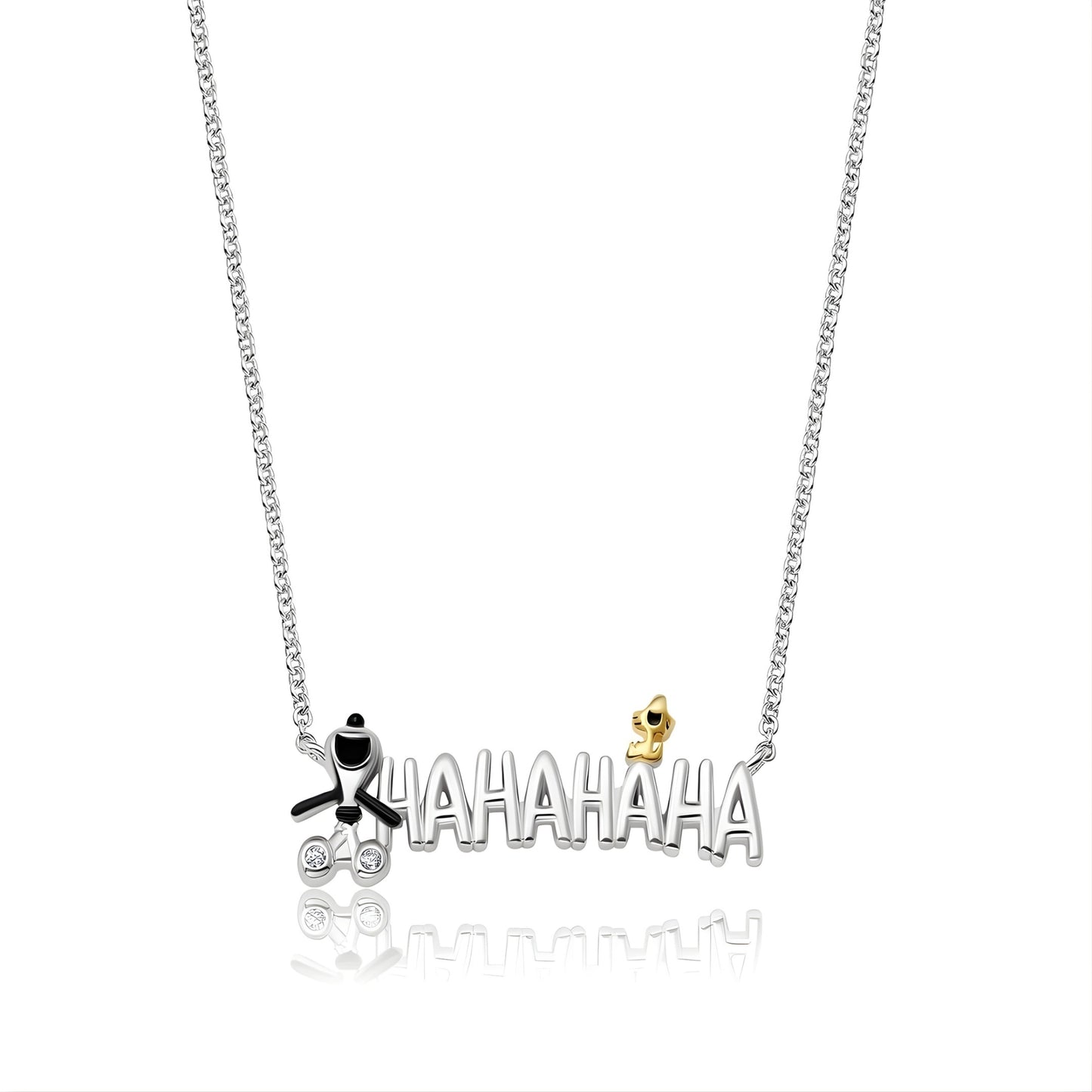 Peanuts x Crislu Snoopy and Woodstock laughing platinum necklace pendant on a silver chain