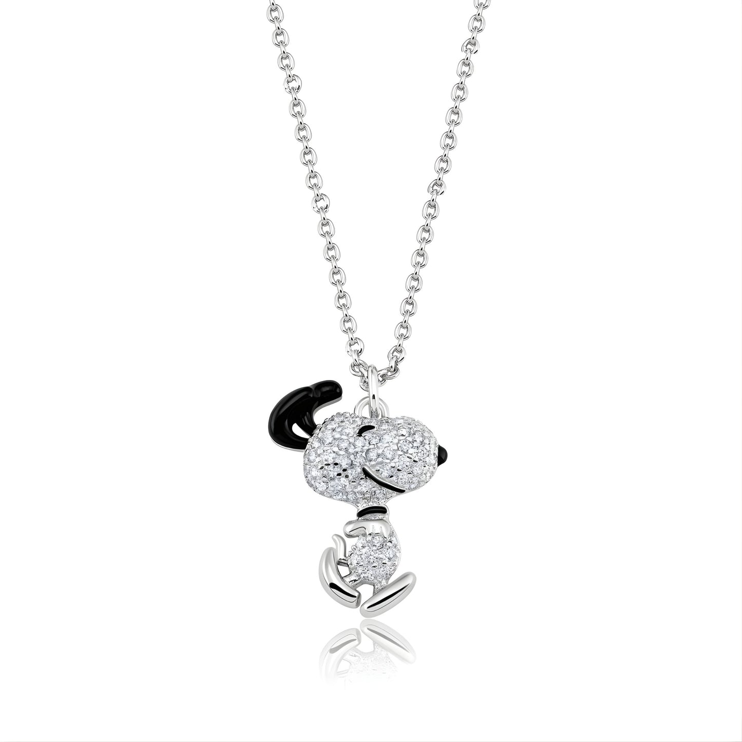 Close-up of Peanuts x Crislu Dancing Snoopy necklace finished in pure platinum