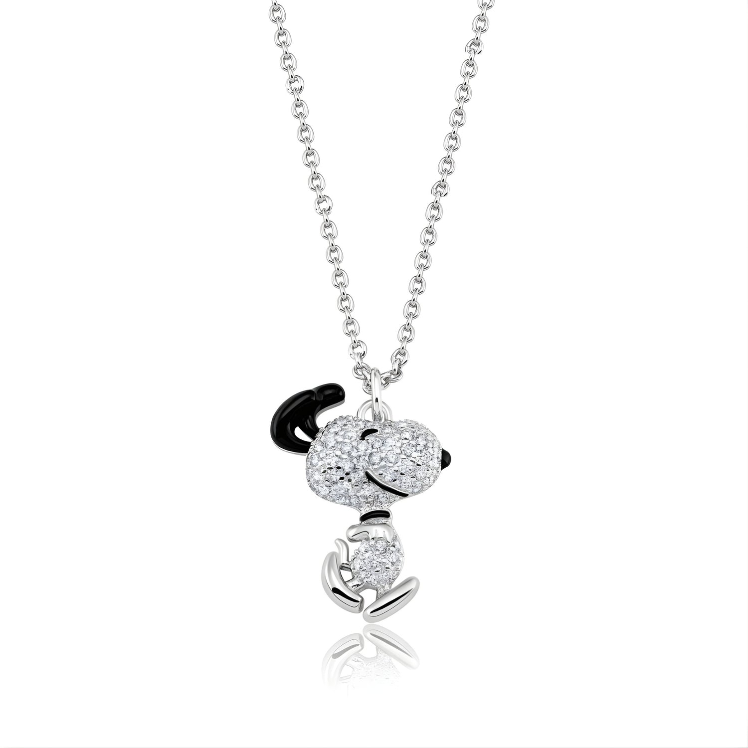 Close-up of Peanuts x Crislu Dancing Snoopy necklace finished in pure platinum
