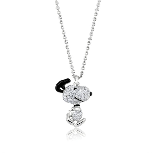 Close-up of Peanuts x Crislu Dancing Snoopy necklace finished in pure platinum-0