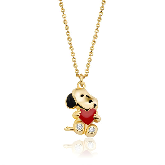 Peanuts x Crislu Snoopy Love Heart 18kt Yellow Gold Necklace featuring Snoopy holding a heart pendant-0