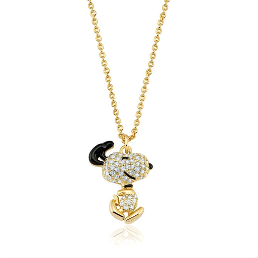 Peanuts x Crislu Dancing Snoopy 18kt yellow gold finished necklace showing Snoopy in a happy dance pose-0