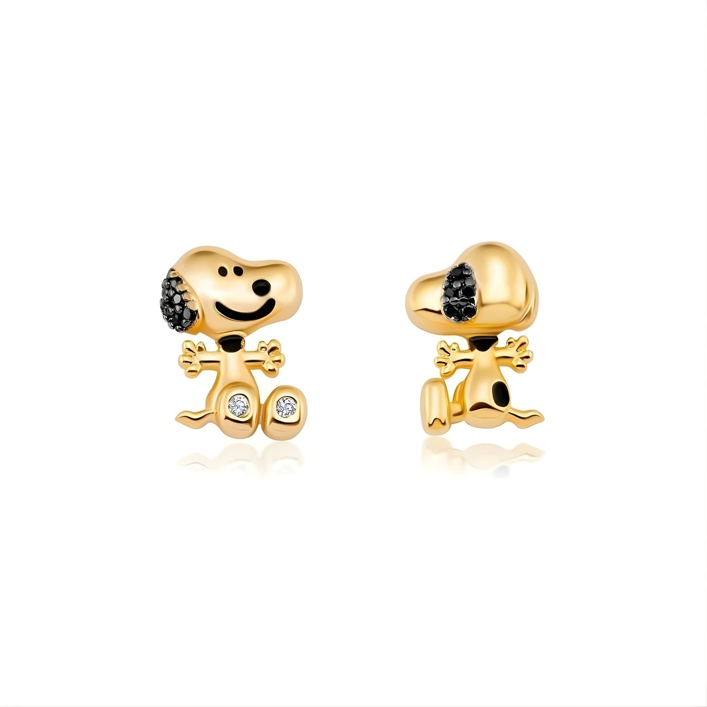 Peanuts x Crislu Snoopy 18kt yellow gold front and back earrings showing the 3D jacket design