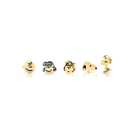 Peanuts x Crislu Snoopy and Gang gold finished stud earrings set displayed on a white background-0