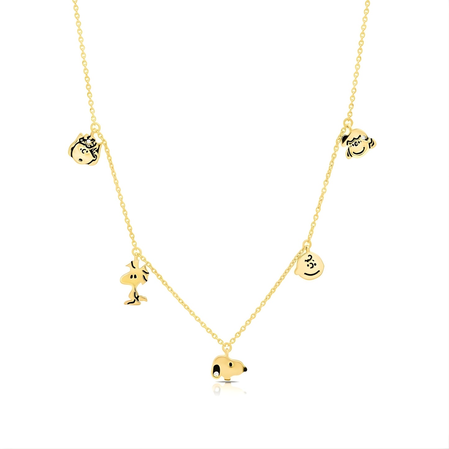 Peanuts x Crislu Snoopy and the Gang gold tone charm necklace featuring multiple character charms