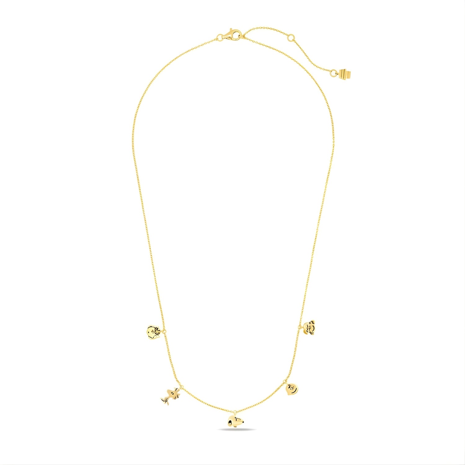 Close-up detail of the gold tone Snoopy and Peanuts character charms on a jewelry chain