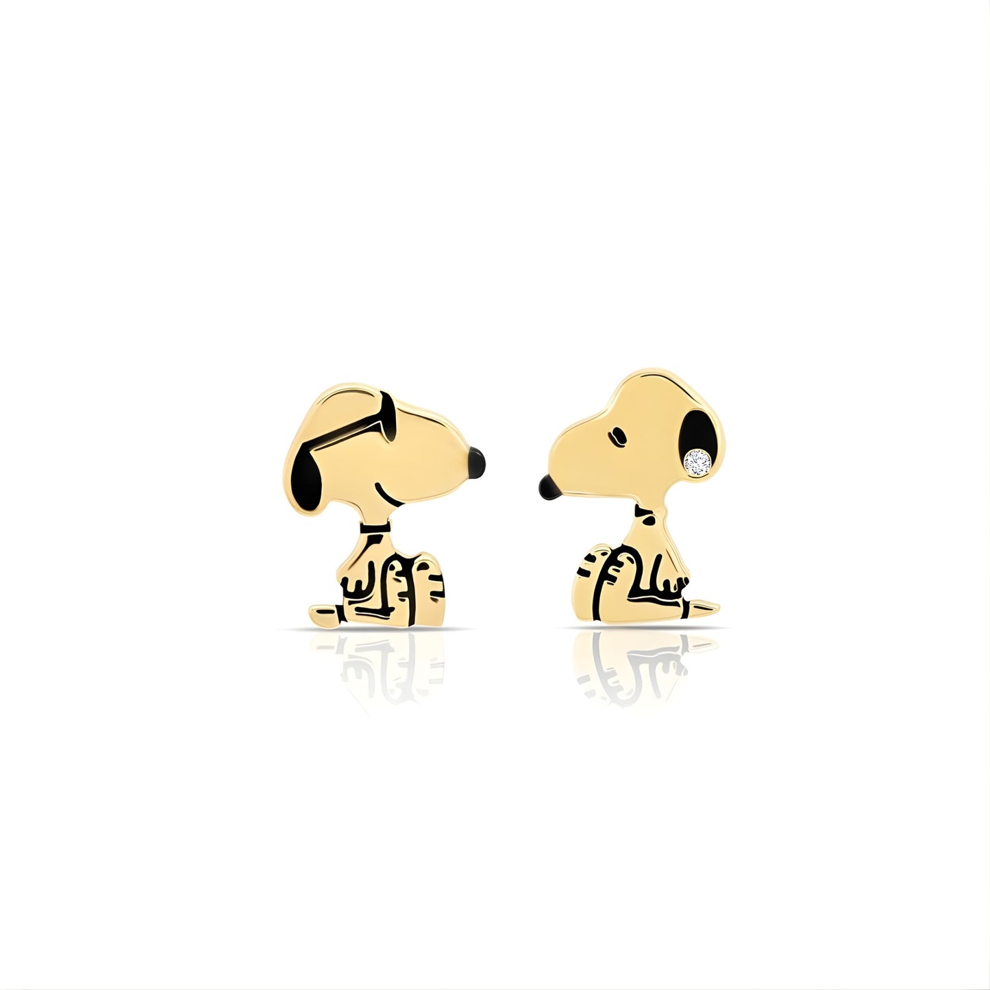 Gold-finished Peanuts x Crislu stud earrings featuring Snoopy as Joe Cool with sunglasses.