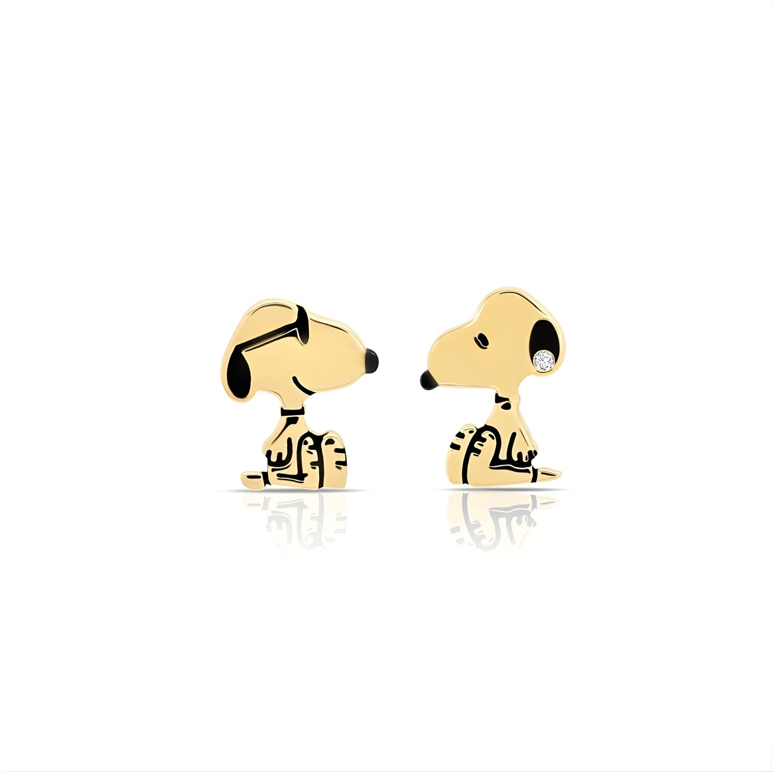 Gold-finished Peanuts x Crislu stud earrings featuring Snoopy as Joe Cool with sunglasses.