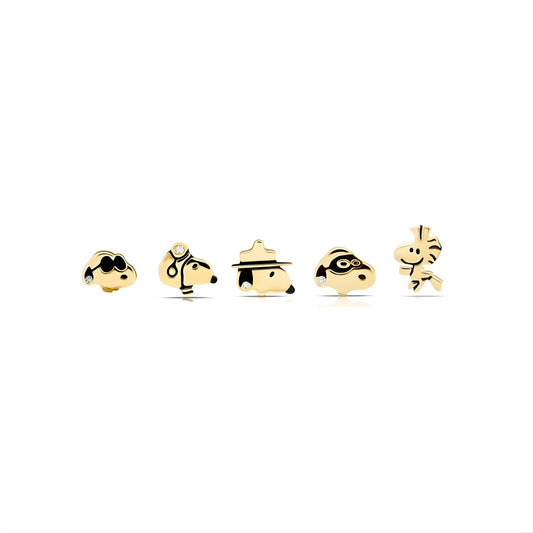 Peanuts x Crislu Snoopy and Woodstock gold finished stud earrings set showing character silhouettes-0