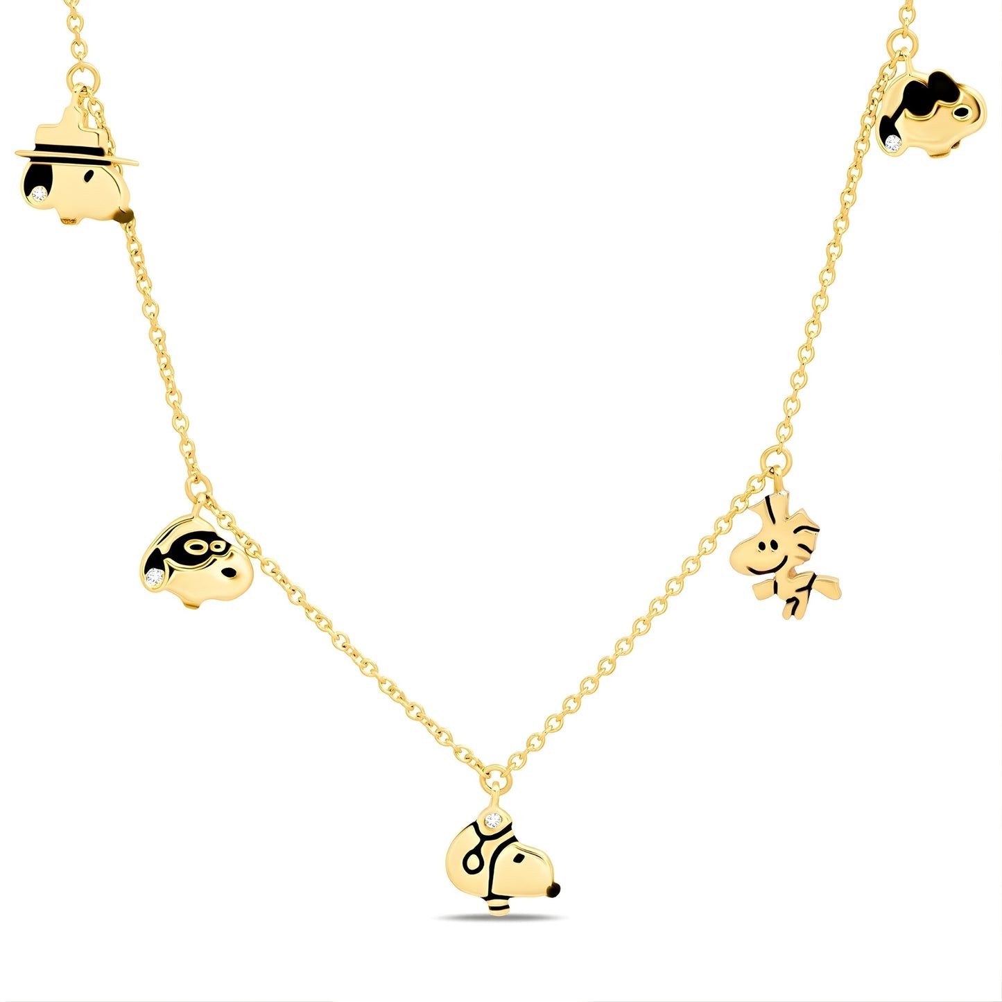 Peanuts x Crislu Snoopy and Woodstock gold finished charm necklace on a white background