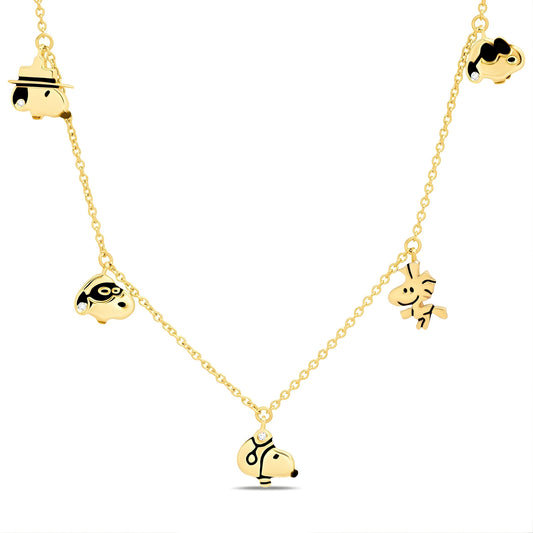 Peanuts x Crislu Snoopy and Woodstock gold finished charm necklace on a white background-0