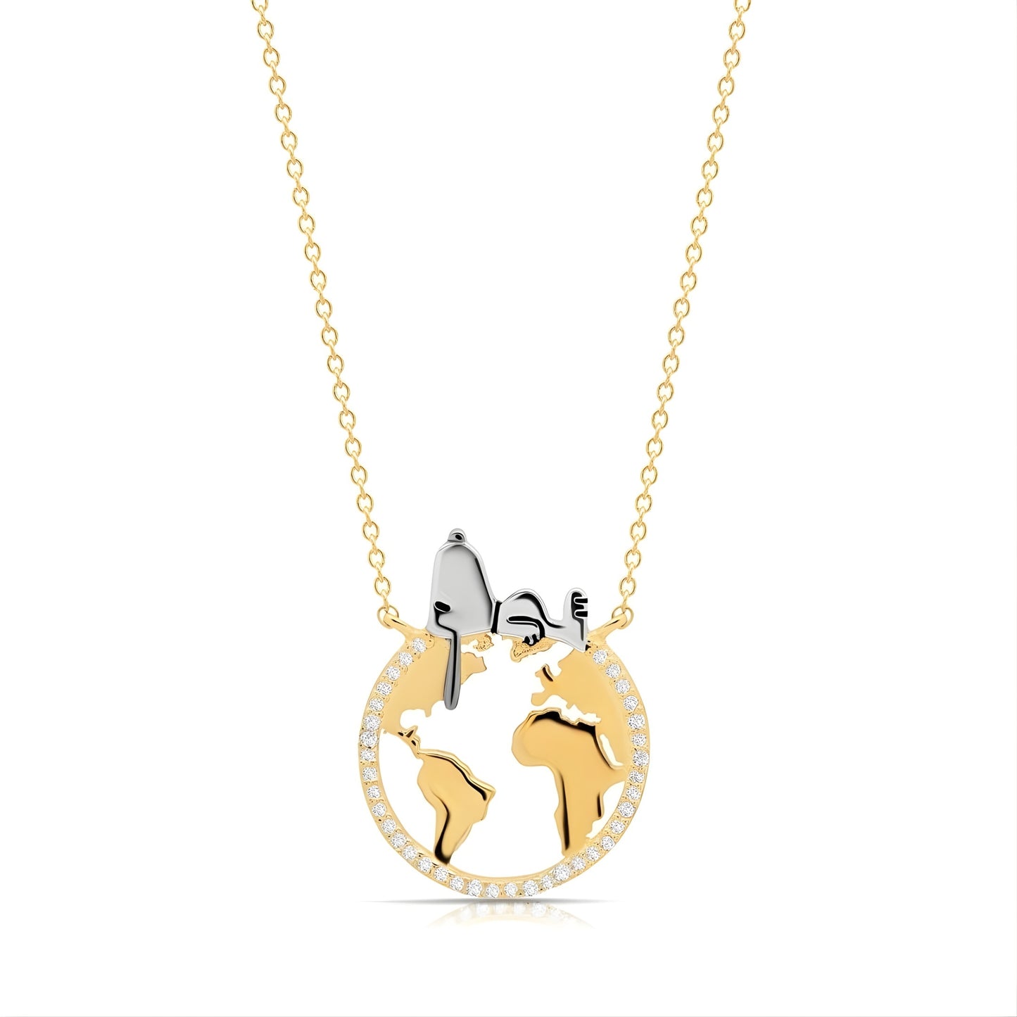 Peanuts x Crislu Snoopy sitting on a globe pendant necklace with silver chain