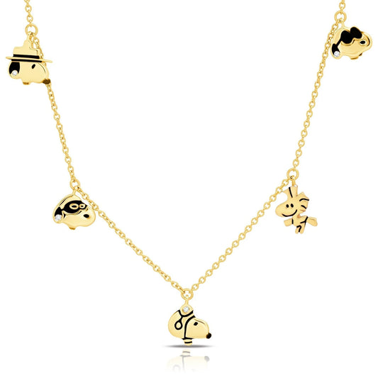 Peanuts x Crislu Snoopy and Woodstock gold finished charm necklace on a white background-2