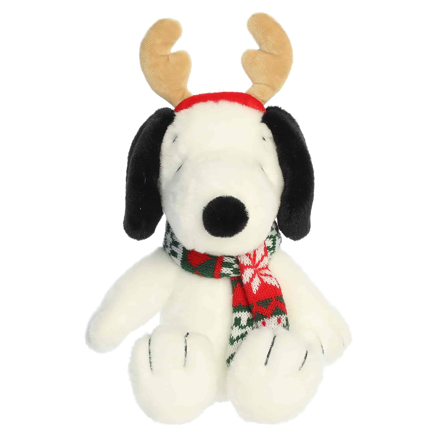 Peanuts Snoopy plush reindeer wearing festive antlers in a front view