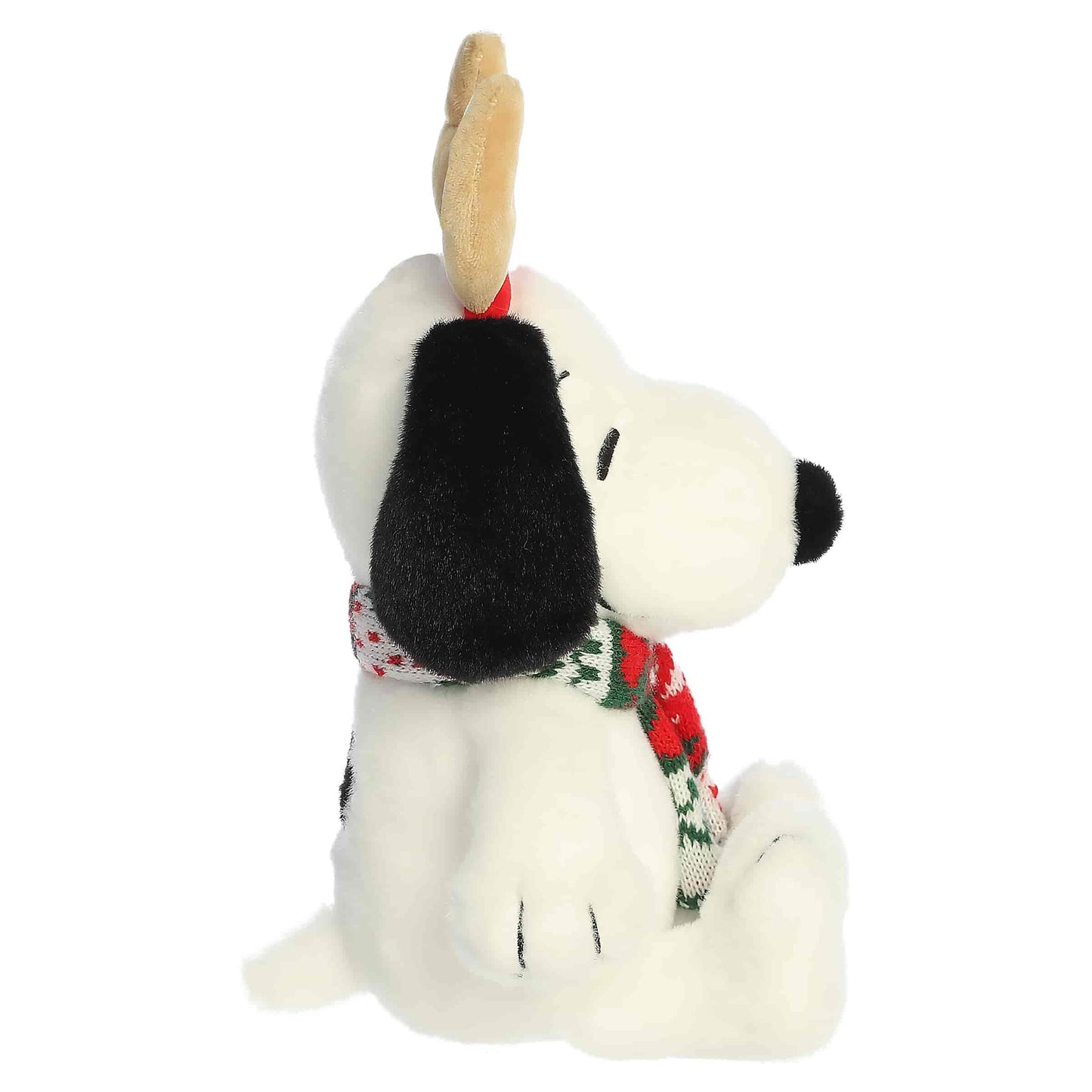 Close-up of Snoopy's embroidered face and whimsical reindeer antlers