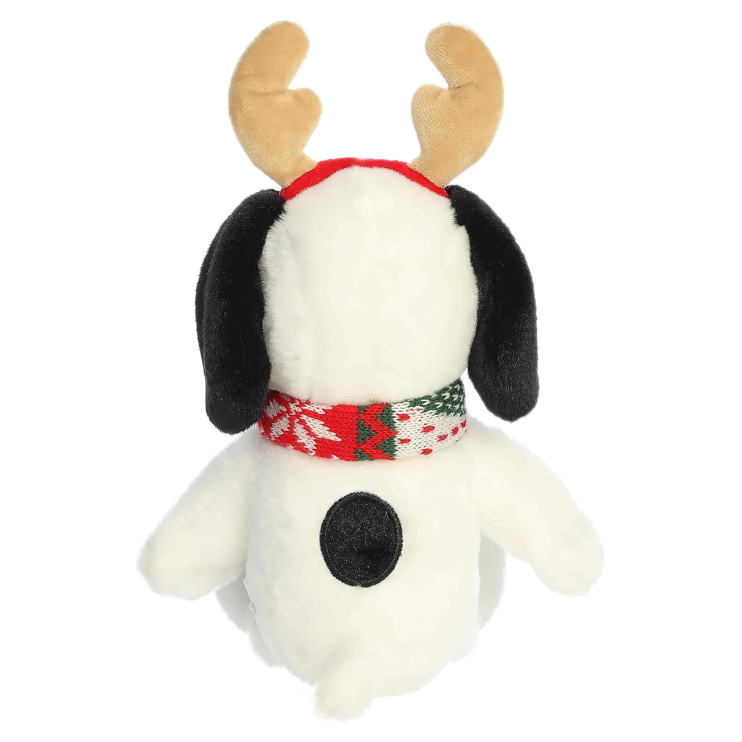 Profile view of the Snoopy reindeer plush highlighting its soft texture and winter attire