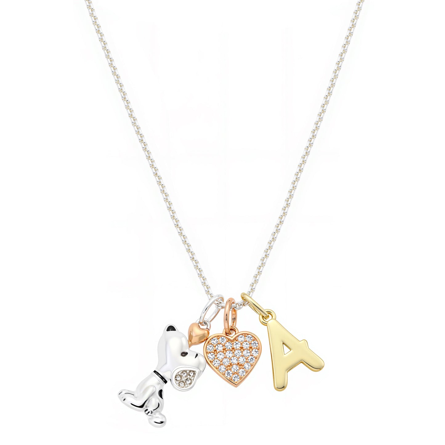 Delicate silver-tone chain necklace featuring a Snoopy charm, a cubic zirconia heart, and an initial pendant