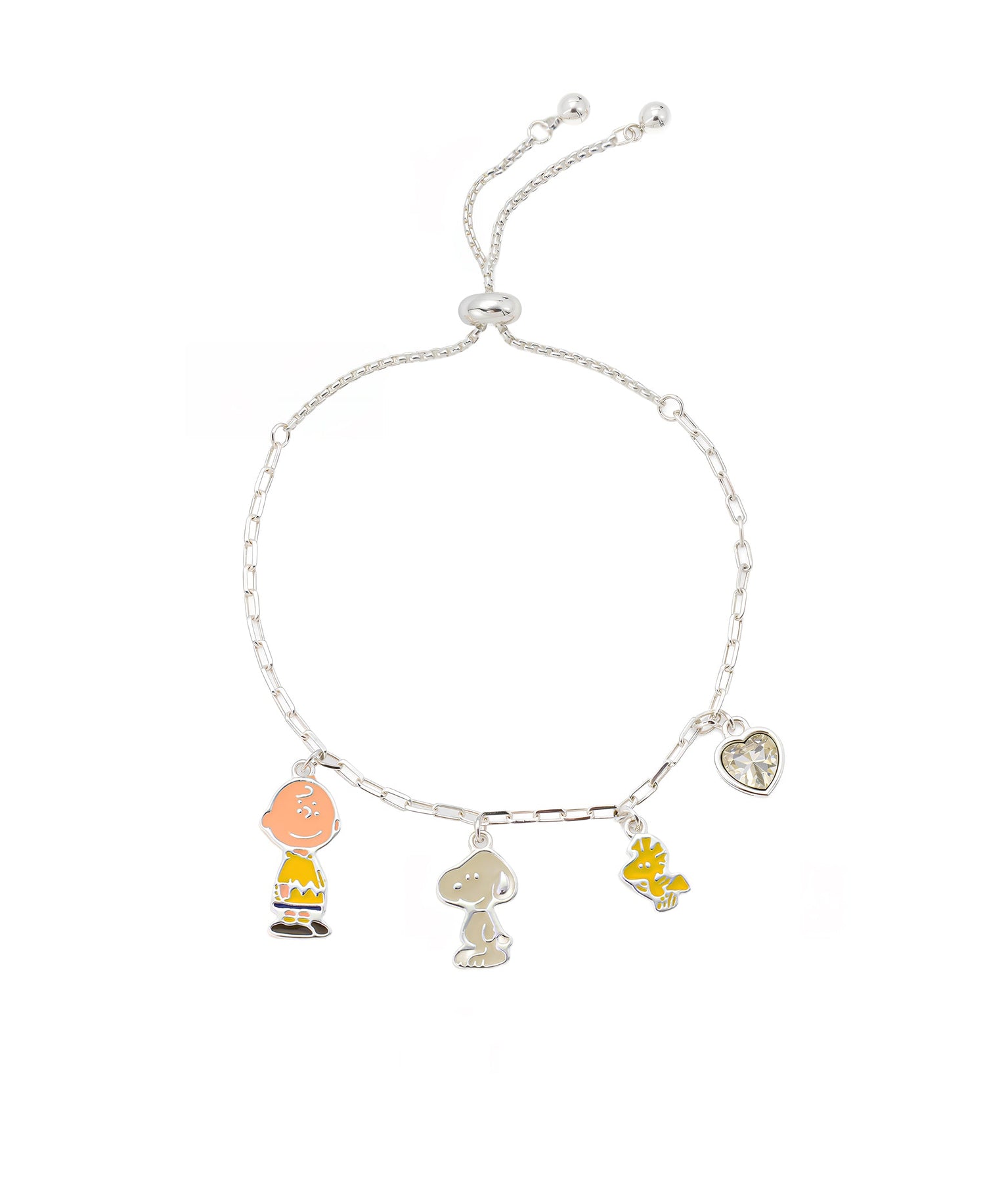 Adjustable bolo charm bracelet featuring Snoopy and Peanuts character pendants suspended on a delicate silver-tone chain