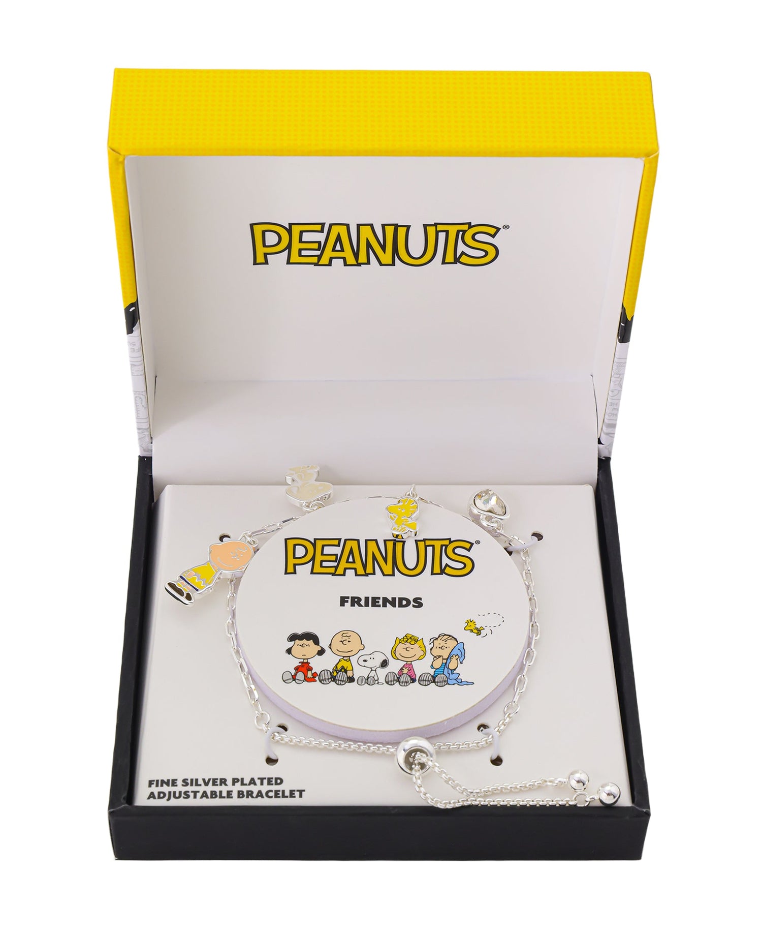 Close-up view of the sliding bolo clasp and detailed Snoopy charm on the Peanuts bracelet