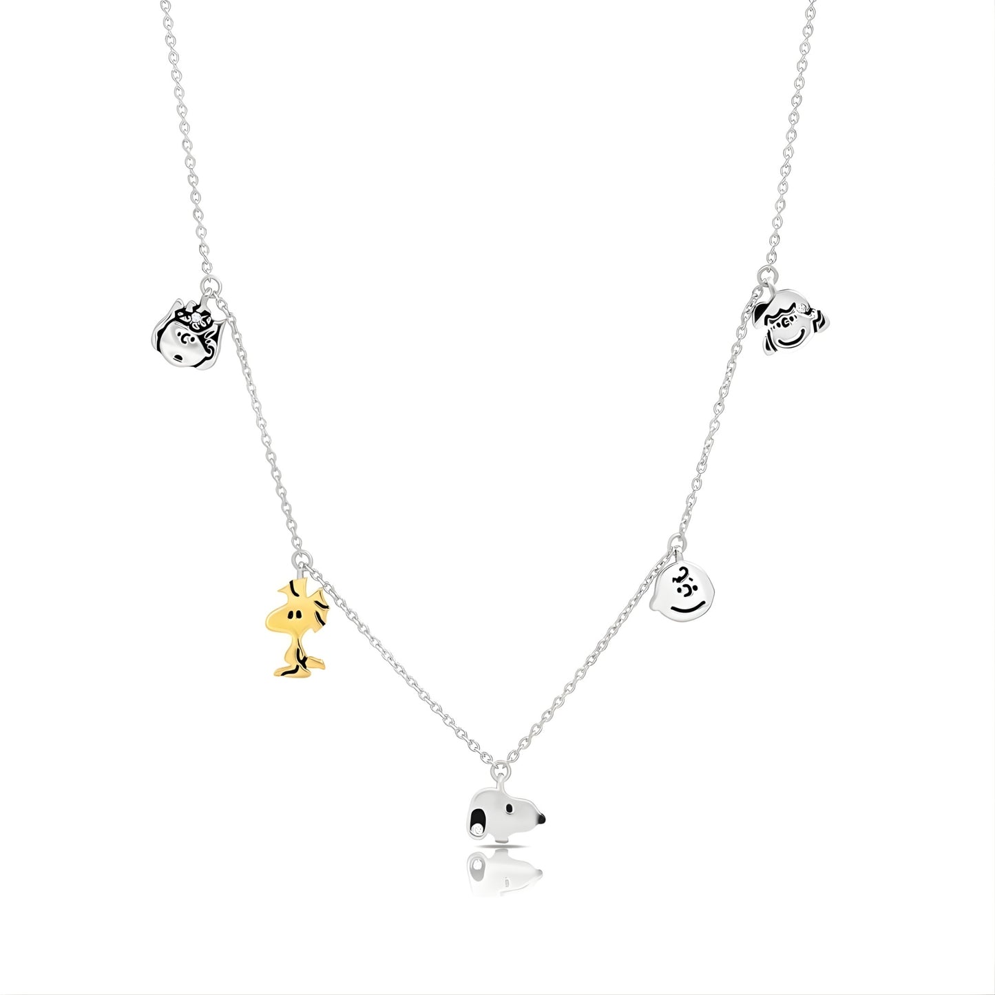 Peanuts x Crislu Snoopy and the Gang platinum finish charm necklace close up