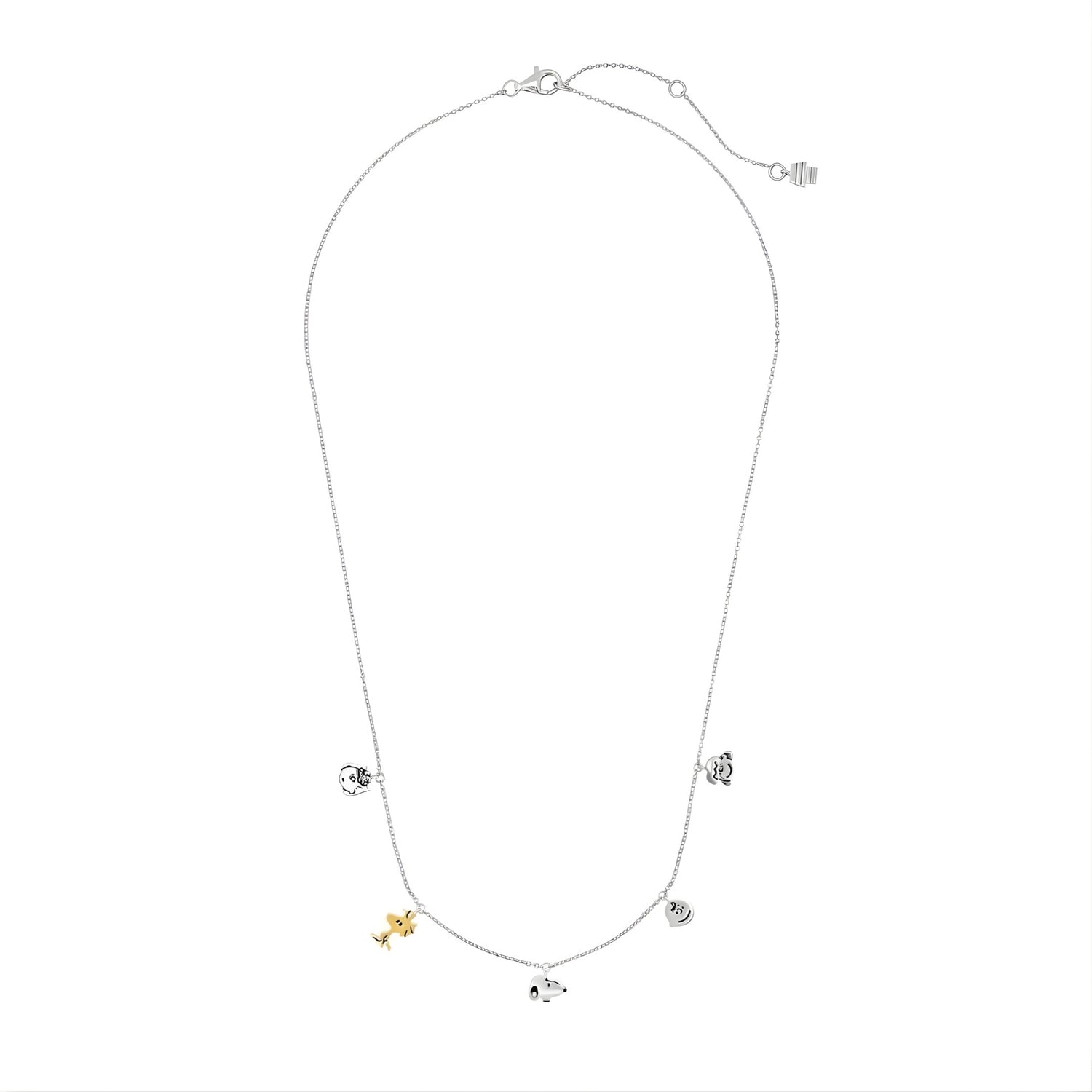 Full view of the Peanuts x Crislu charm necklace featuring Snoopy and friends