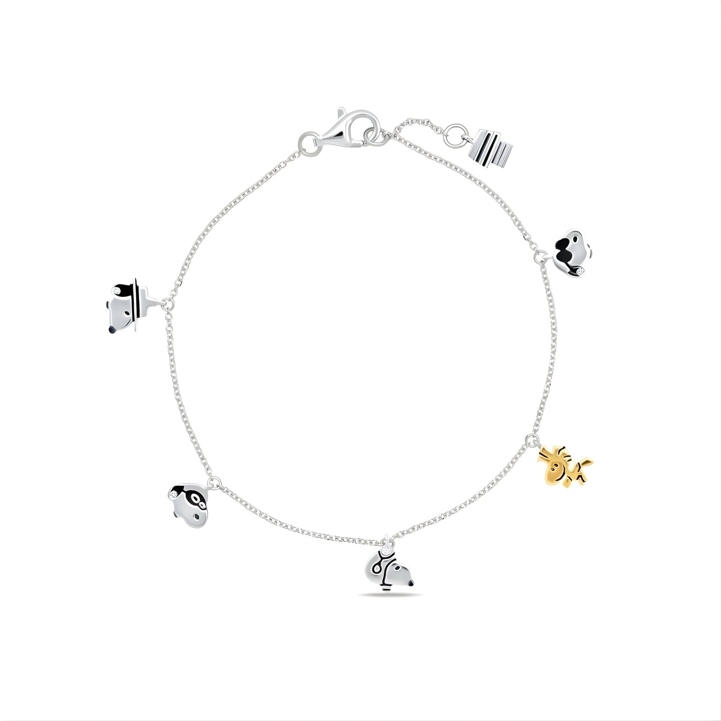 Peanuts x Crislu Snoopy and Woodstock Platinum Charm Bracelet showcasing the detailed character charms and silver chain.
