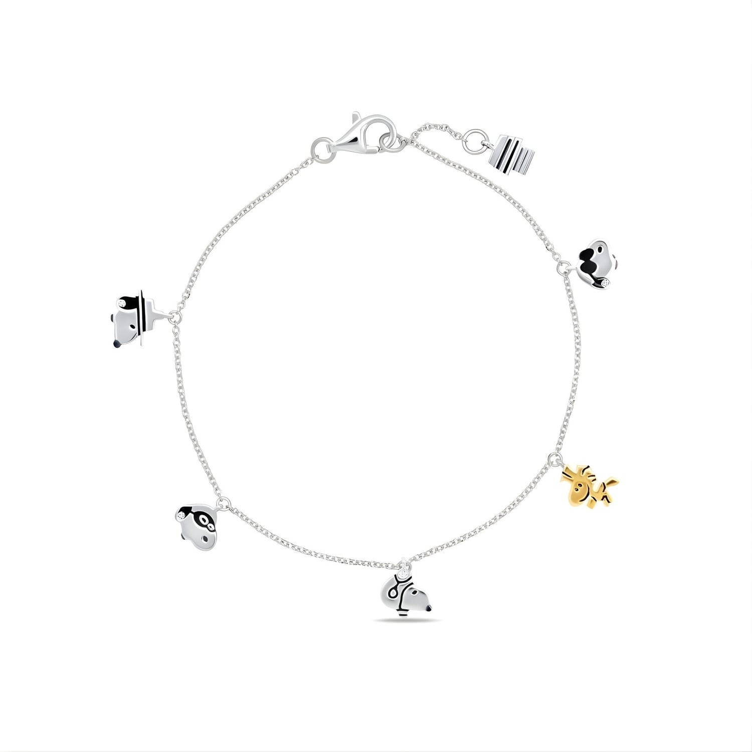 Peanuts x Crislu Snoopy and Woodstock Platinum Charm Bracelet showcasing the detailed character charms and silver chain.