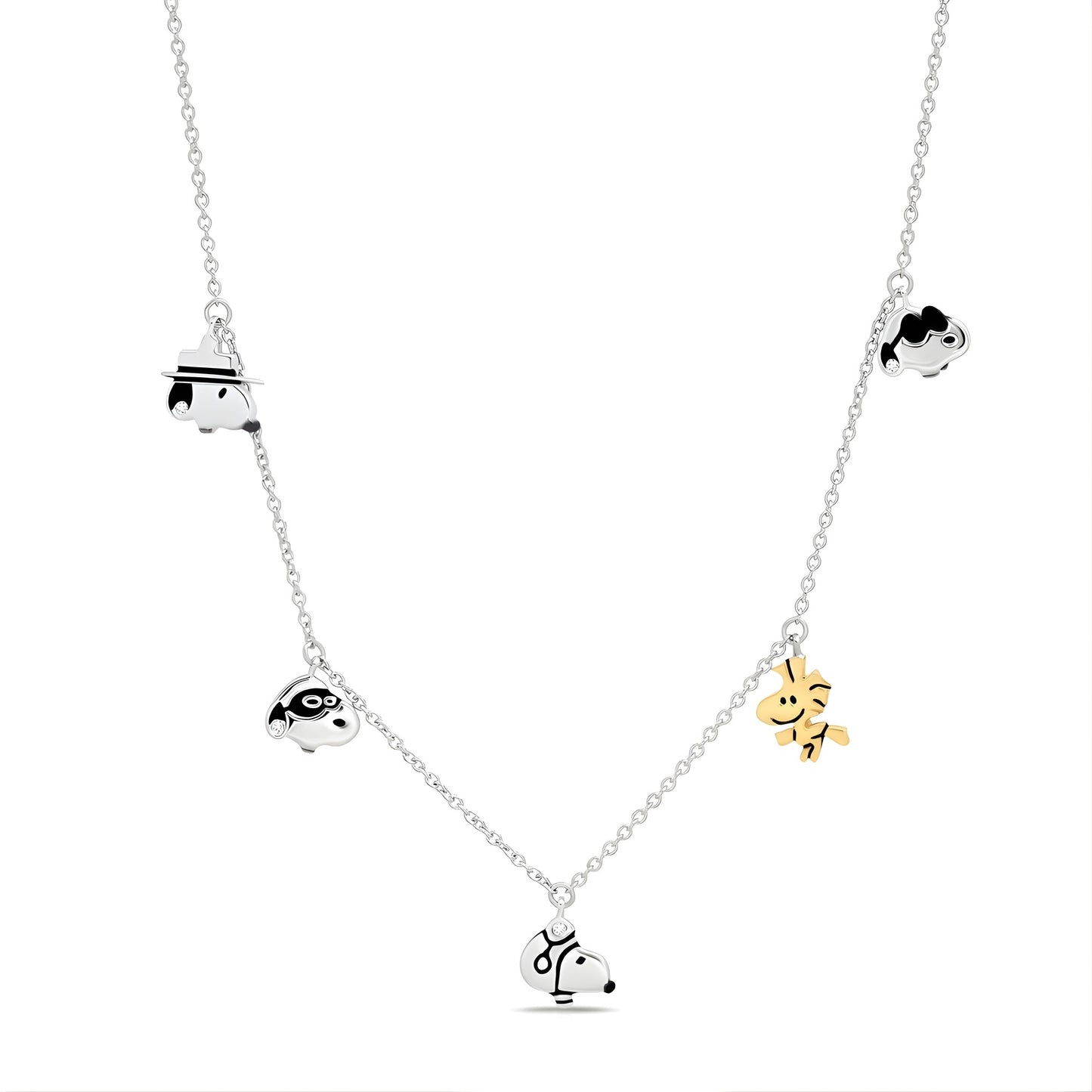 Peanuts x Crislu Snoopy and Woodstock platinum finished charm necklace on a white background