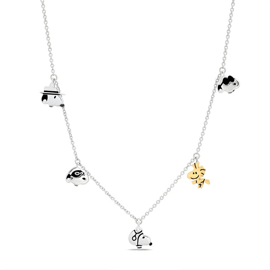 Peanuts x Crislu Snoopy and Woodstock platinum finished charm necklace on a white background-0