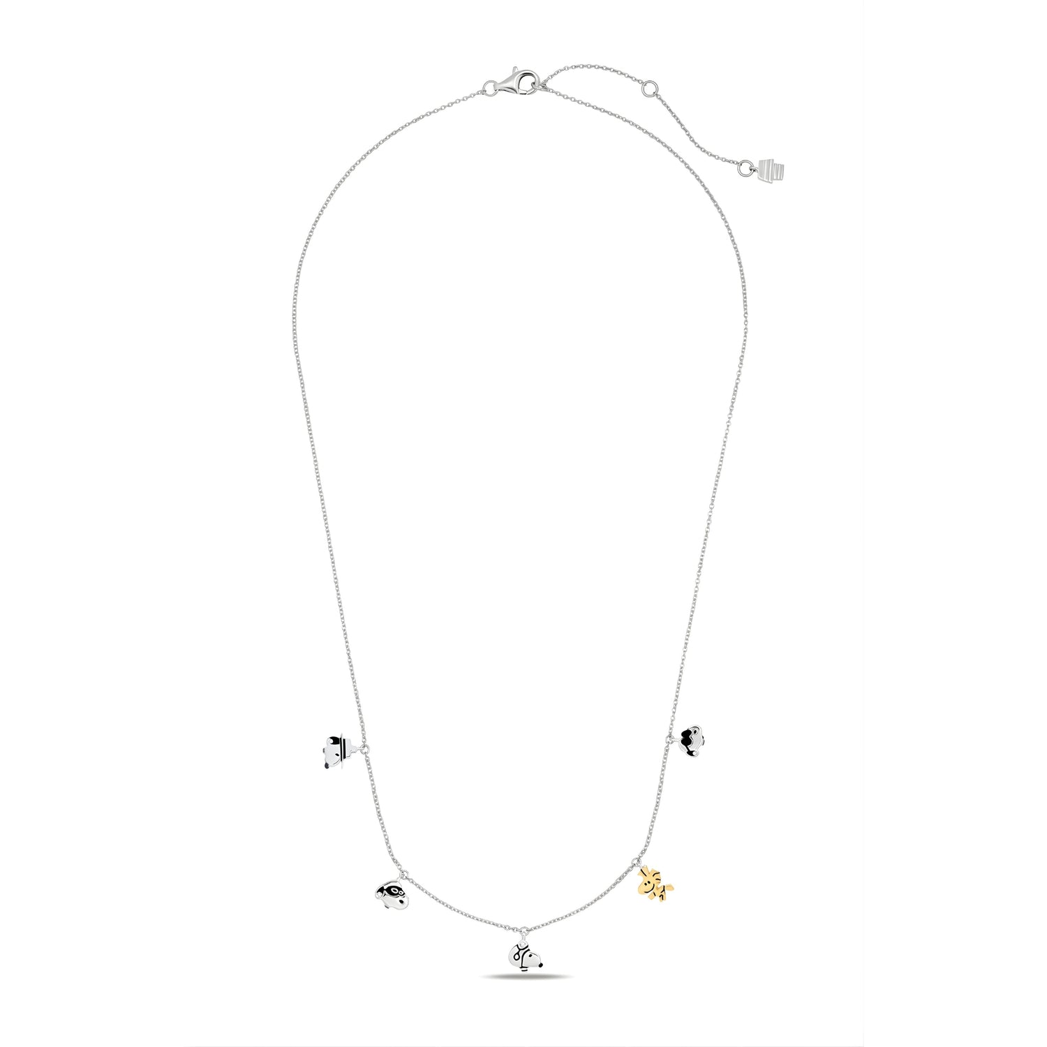 Detailed close-up of the Snoopy and Woodstock charms on a platinum finished chain