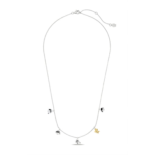 Peanuts x Crislu Snoopy and Woodstock platinum finished charm necklace on a white background-1