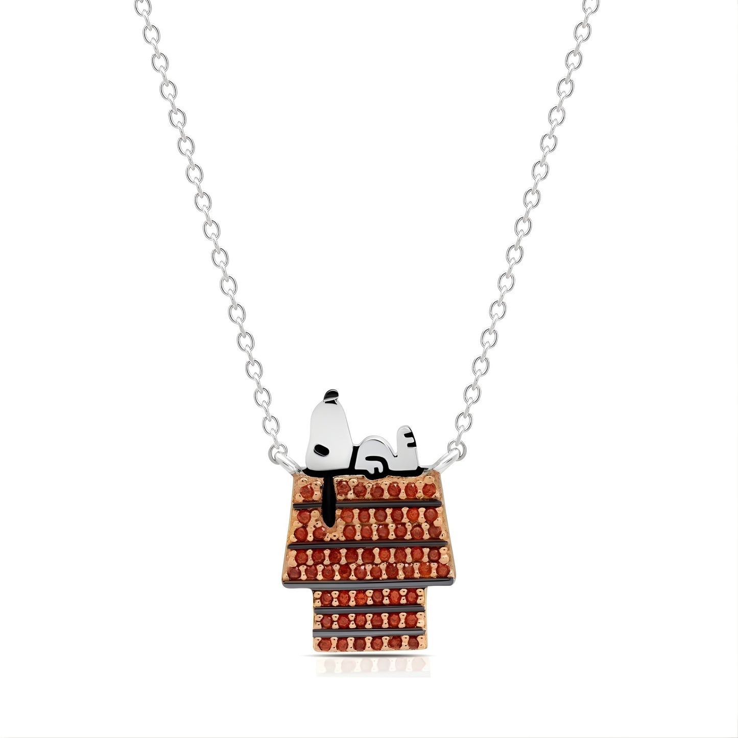 Peanuts x Crislu Snoopy resting on his doghouse pendant necklace in sterling silver