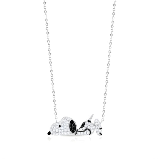 Close-up of Peanuts x Crislu Bad Day Snoopy pendant necklace in polished platinum finish.-0