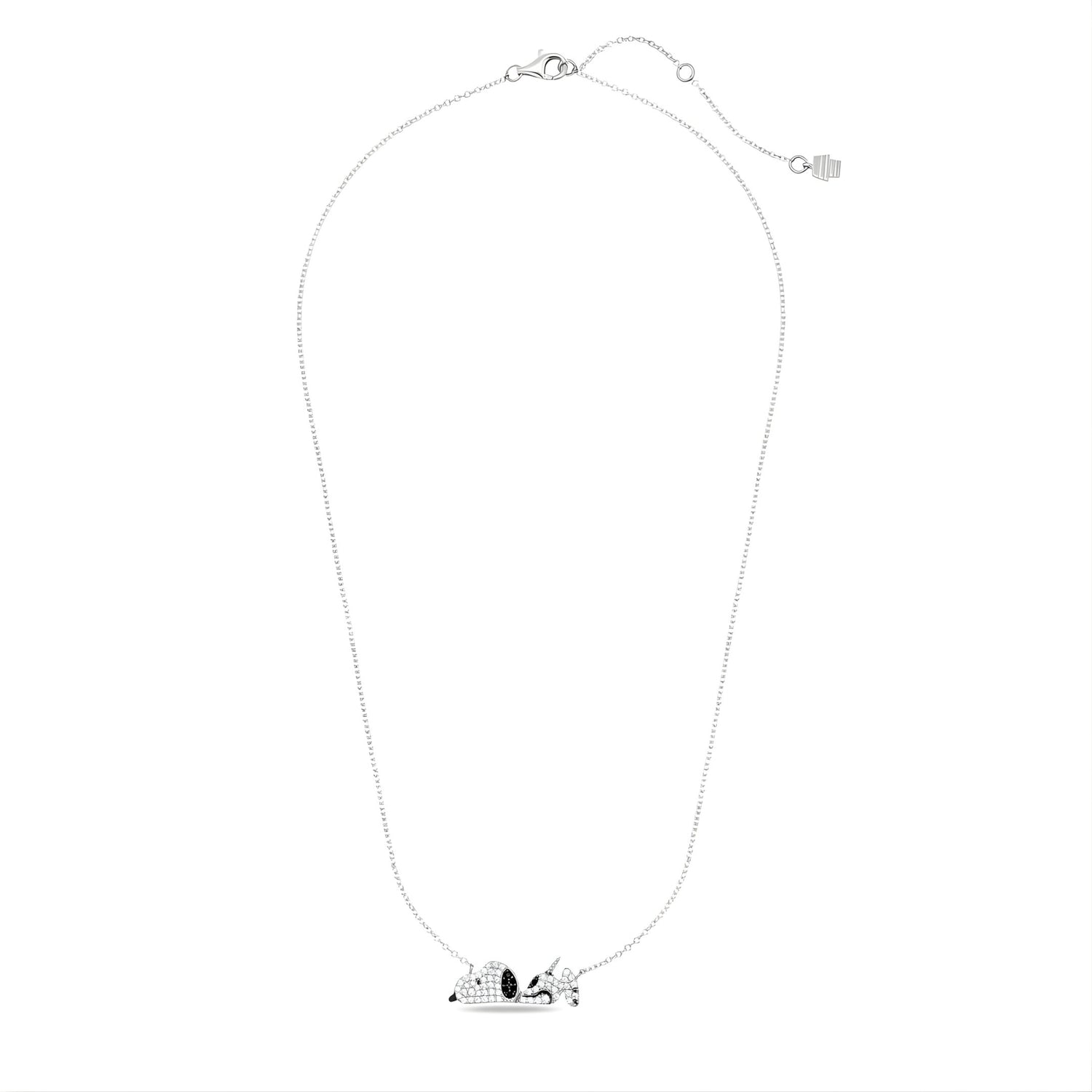 Detailed view of the Snoopy Bad Day pose pendant showing the high-shine platinum finish and chain.